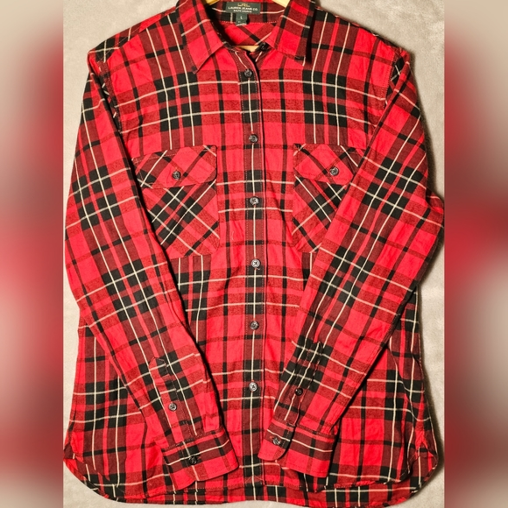 Lauren Jean Co. Women's Vintage Long Sleeve Button Up Large‎ Flannel Red Plaid